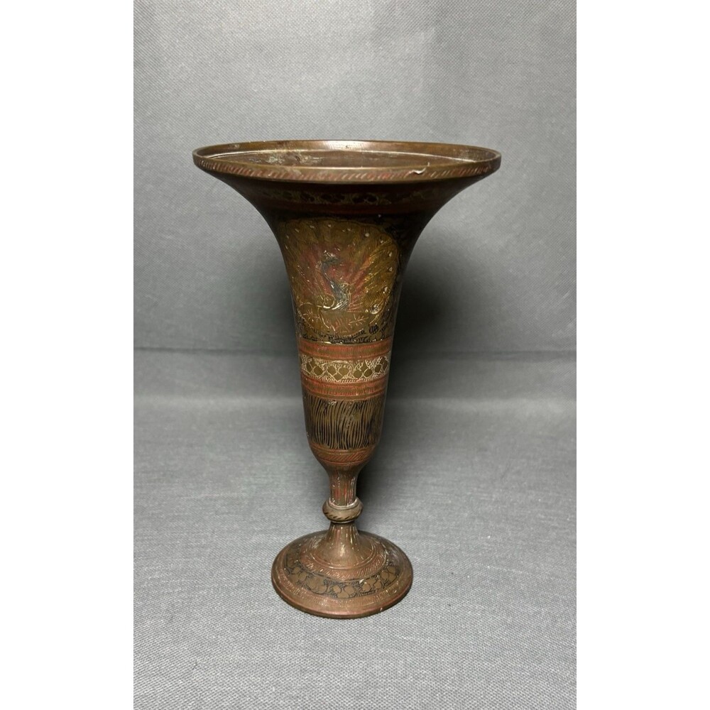 Vintage Brass Vase Enamel Etched Peacock Floral Design India Unique Brass Decor